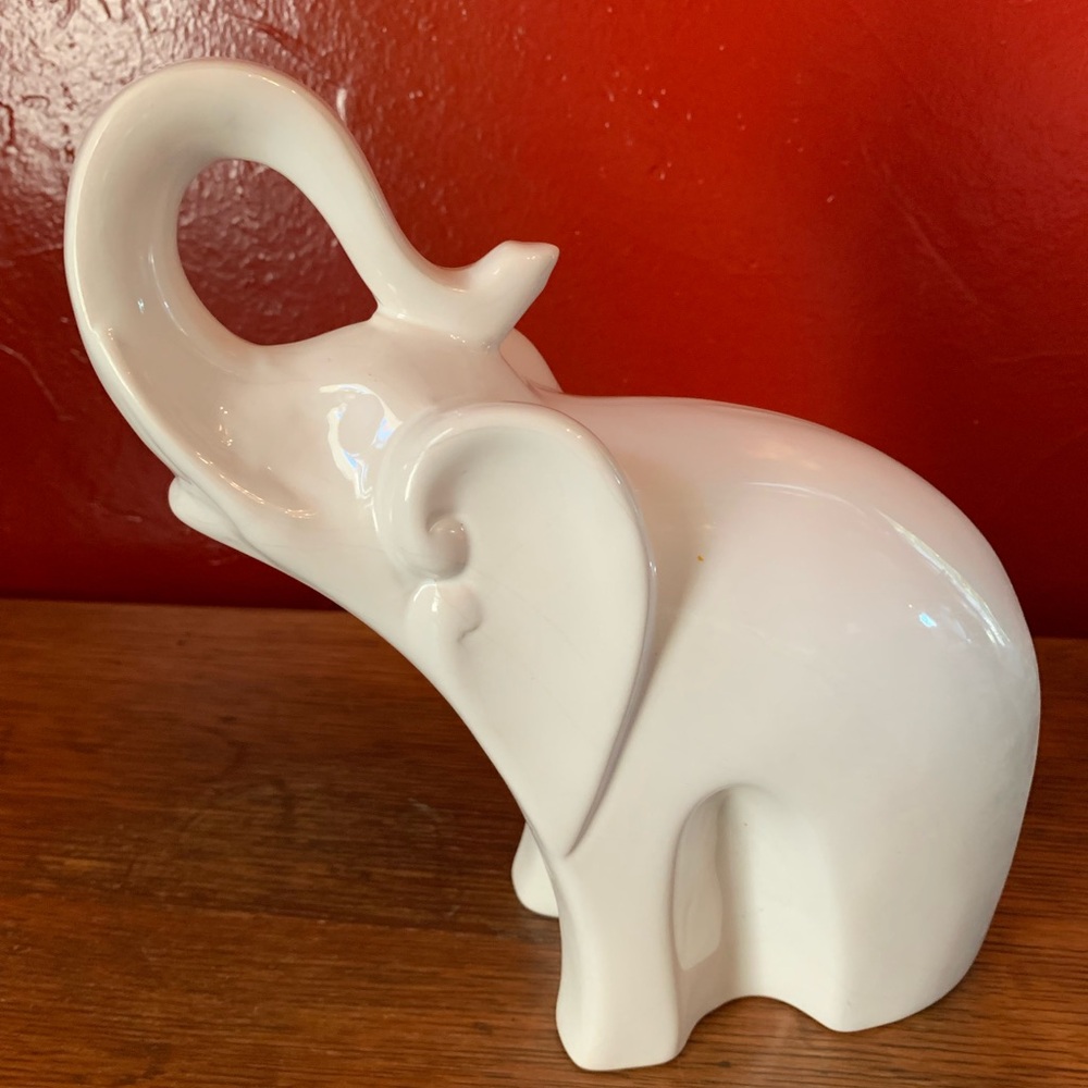 Art Deco White Ceramic Elephant Figurine  Raised Trunk for Good Luck